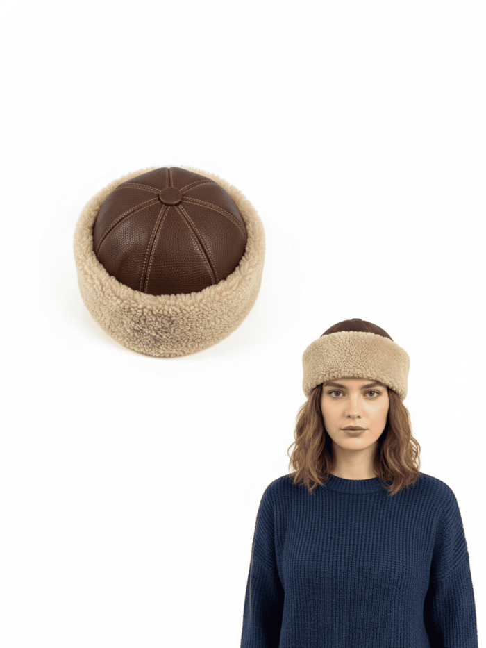 Börk Şapka El Yapımı Kürklü Hakiki Deri Kahverengi Soğuk Geçirmez Gelenksel Başlık - Görsel 4